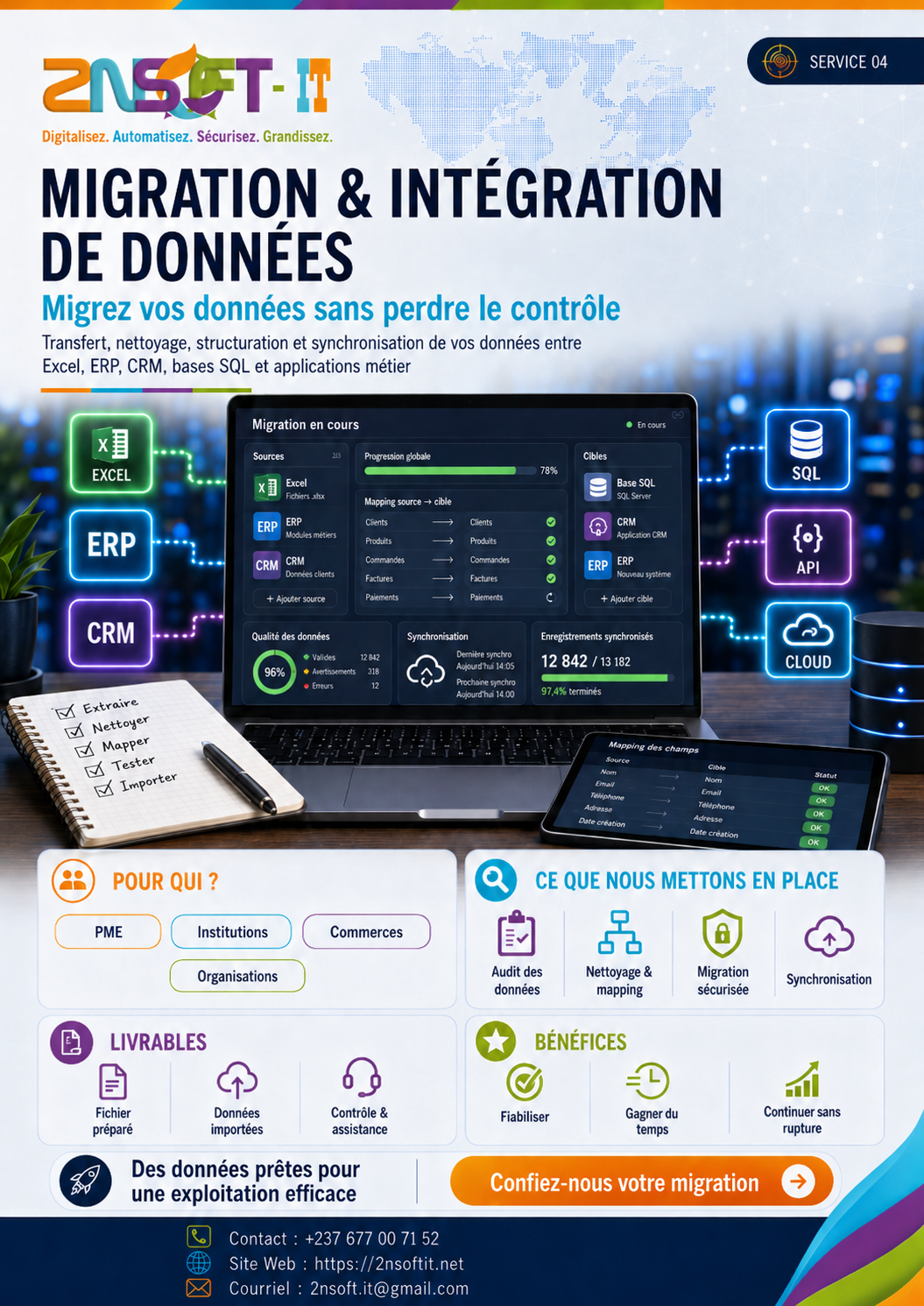 Migration et intégration de données 2NSOFT-IT pour Odoo ERP CRM Excel SQL API