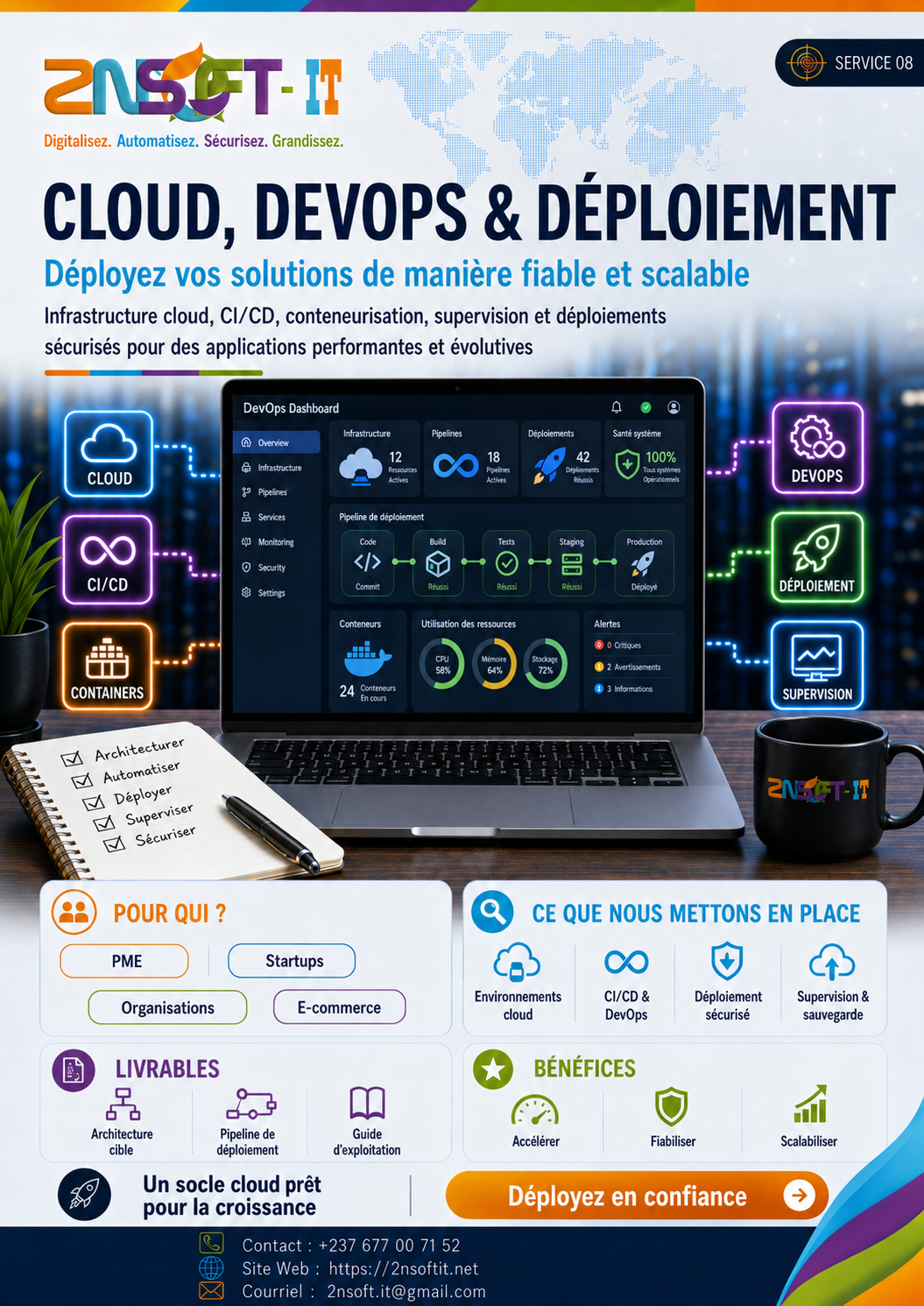 Cloud DevOps et déploiement 2NSOFT-IT pour applications web Odoo Joomla Docker CI CD et supervision